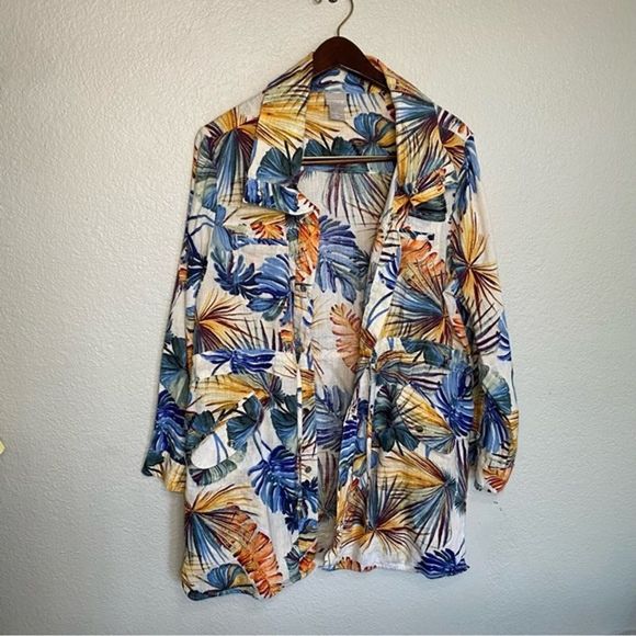 Chicos Jacket Women PMedium Linen Palm Print Snap Front Safari Roll Tab Sleeve - Picture 4 of 12